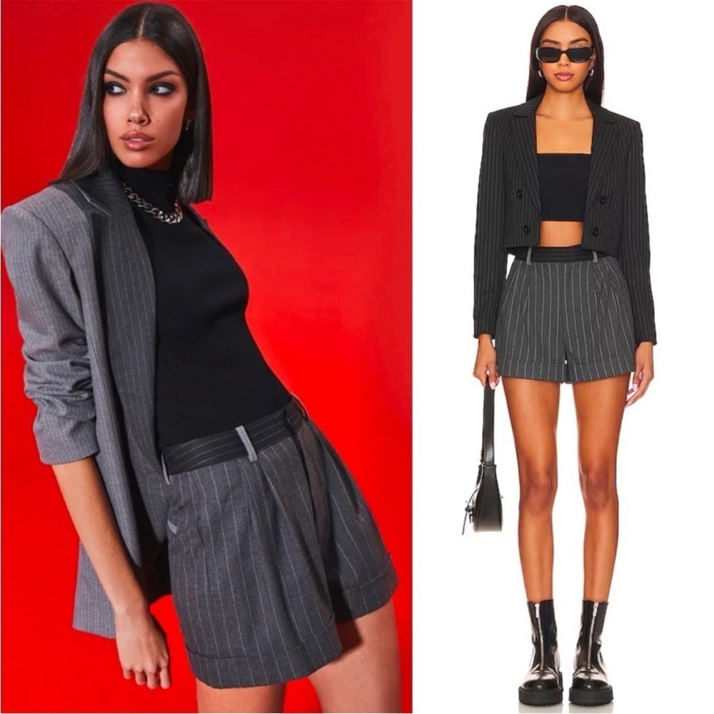 Alice + Olivia Conroy Pleated Cuff Shorts Grey Pinstripe size 2 preppy chic 90s